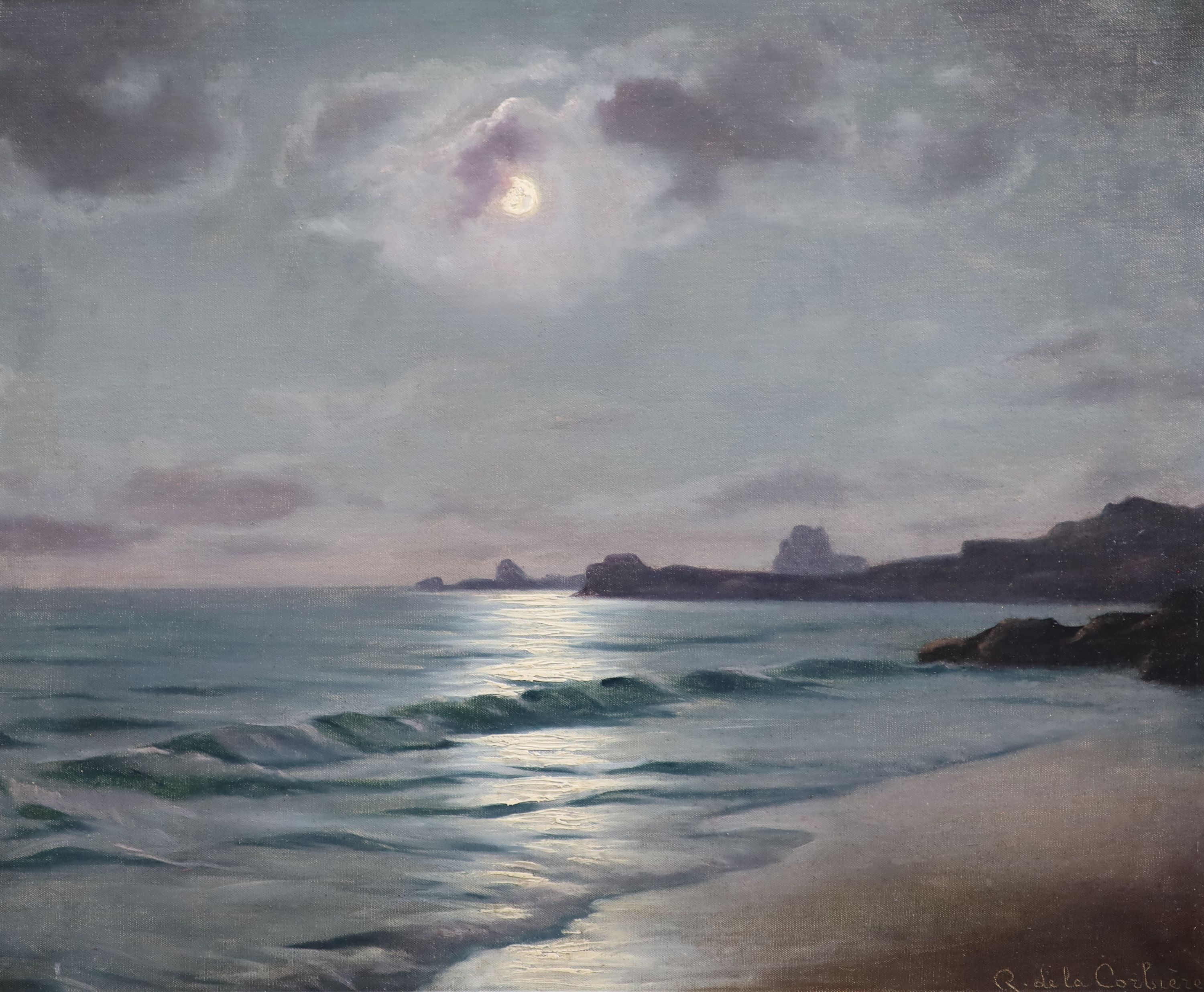 Roger de la Corbiere (French, 1893-1974), Waves on the shore under moonlight, Oil on canvas, 44 x 54cm.